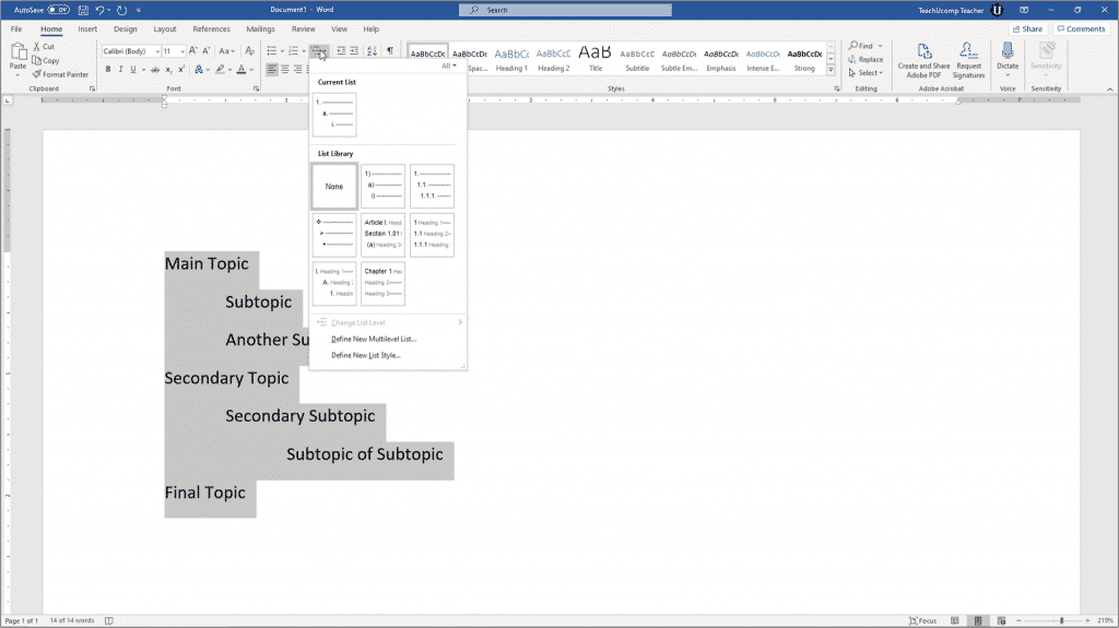 Apply a Multilevel List in Word- Instructions: A picture of a user applying a multilevel list format to an outlined list in a Word document.