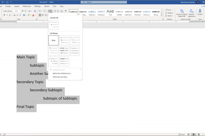 Apply a Multilevel List in Word- Instructions: A picture of a user applying a multilevel list format to an outlined list in a Word document.