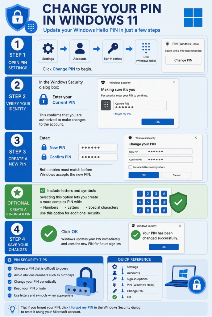 An infographic showing how to change your PIN in Windows 11.