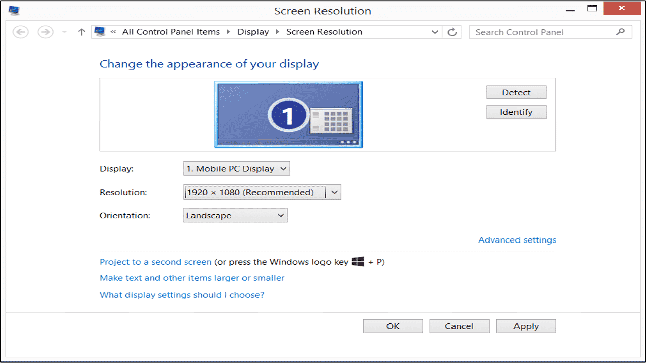 Change Screen Resolution in Windows 8.1: A picture of the "Screen Resolution" window in Windows 8.1.