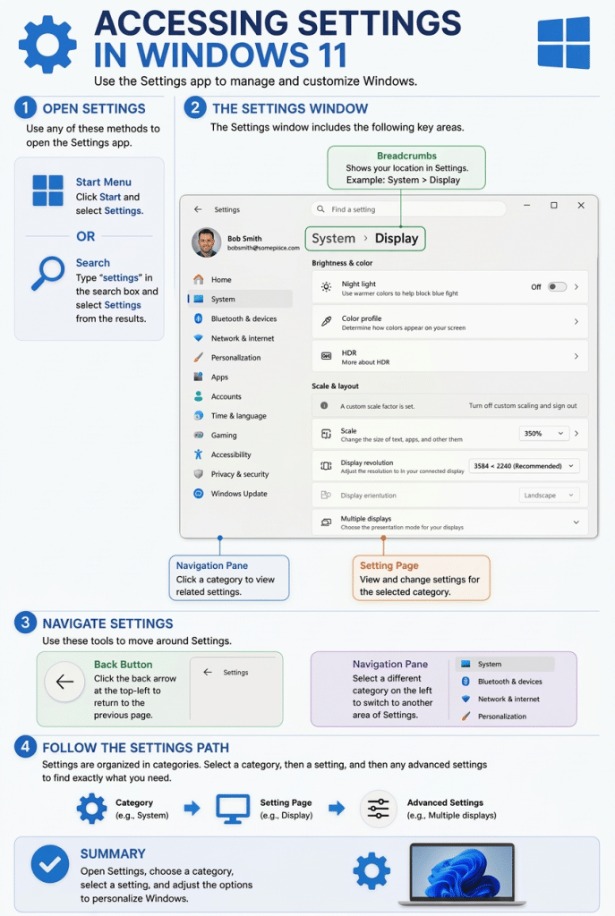 A picture showing how to use the Settings app in Windows 11.