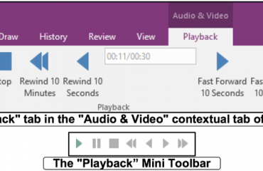 Insert Audio and Videos into OneNote Pages- Tutorial: Pictures of the “Playback” tab in the “Audio & Video” contextual tab in the Ribbon of OneNote 2016 and the “Playback” Mini Toolbar.