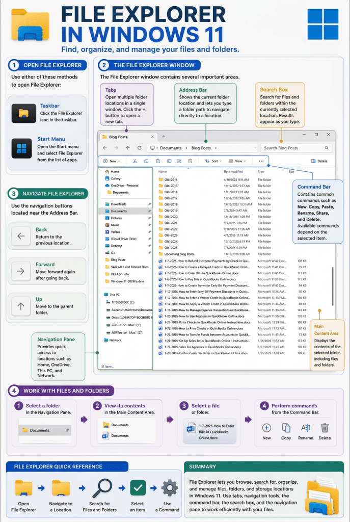 A picture showing how to open and use File Explorer in Windows 11.