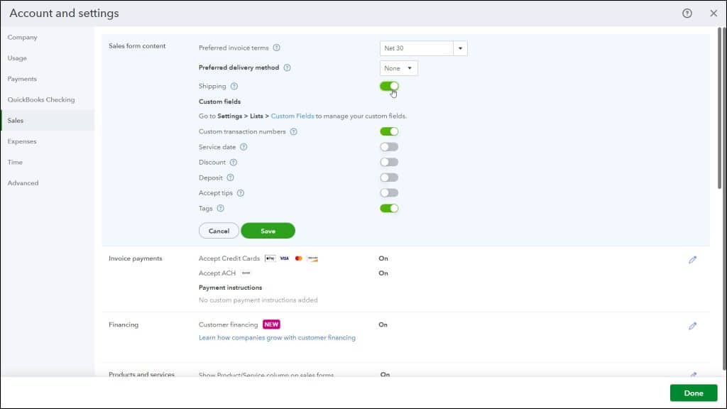 A picture of the settings in the Sales form content section of the Sales settings in QuickBooks Online.