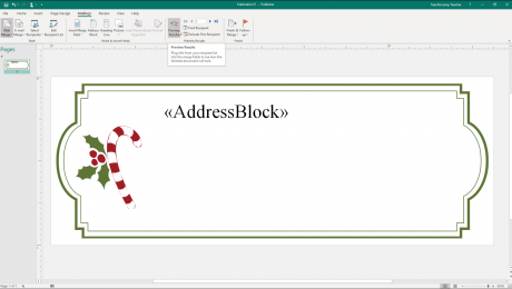 Preview Results of a Merge in Publisher - Instructions: A picture of the “Preview Results” button in Microsoft Publisher.