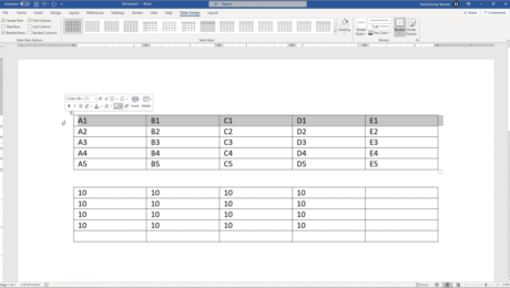 Insert Table Formulas in Word - Instructions: A picture of the cell addresses within a sample table, shown at the top of the Word document.