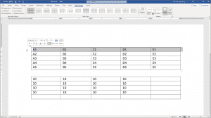 Insert Table Formulas in Word - Instructions: A picture of the cell addresses within a sample table, shown at the top of the Word document.