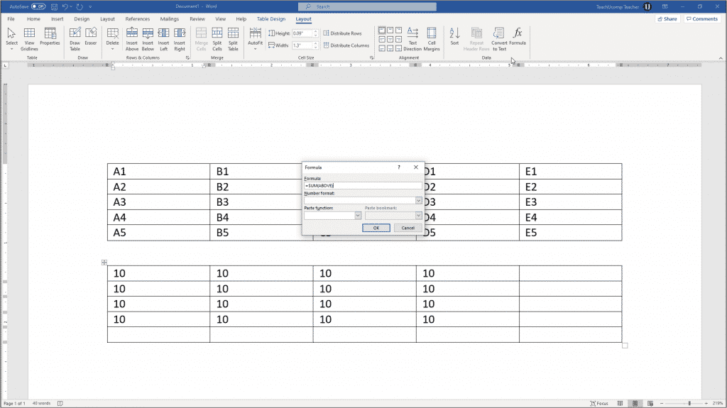 Insert Table Formulas in Word - Instructions: A picture of the default table formula that Word suggests in the “Formula” dialog box.