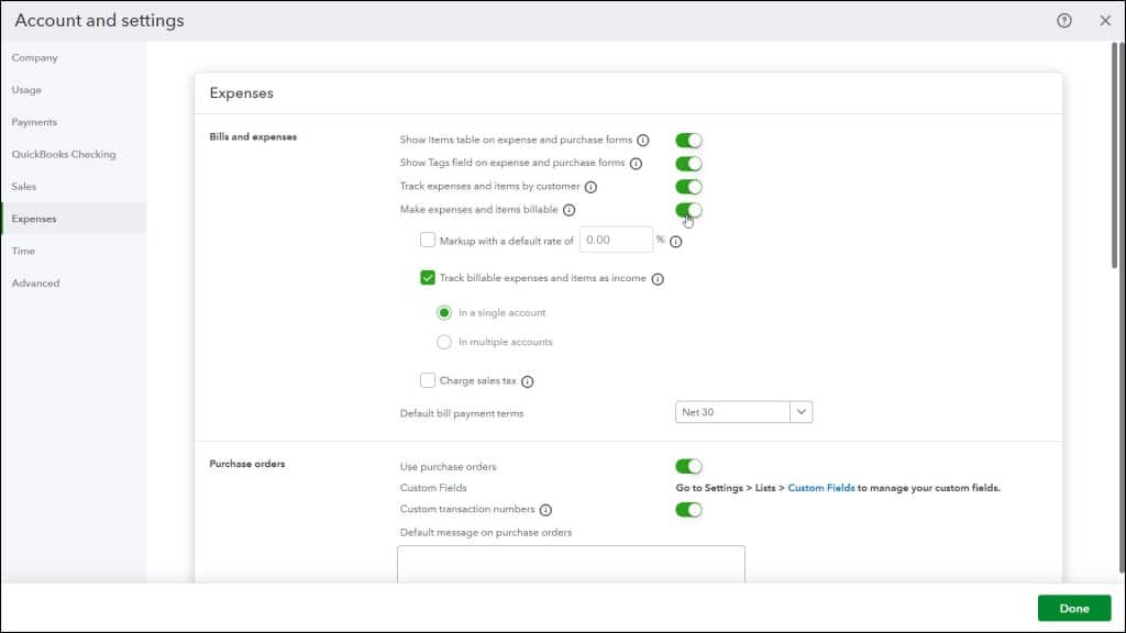 A picture showing the “Bills and expenses” settings within the Expenses settings in QuickBooks Online.