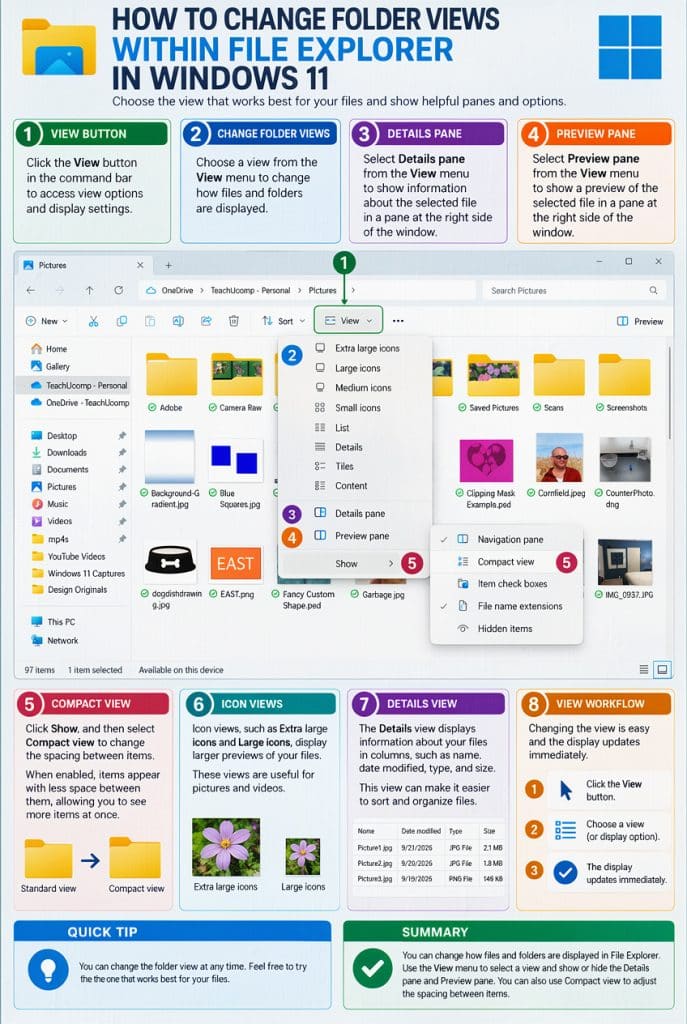 A picture showing how to change folder views within File Explorer in Windows 11.