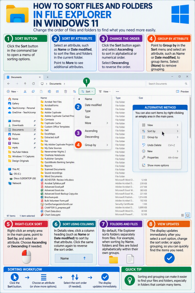 A picture showing how to sort files and folders in File Explorer in Windows 11.