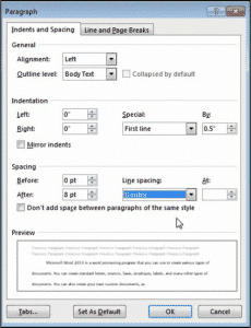 Set Line Spacing and Paragraph Spacing in Word: A picture of the "Paragraph" dialog box.