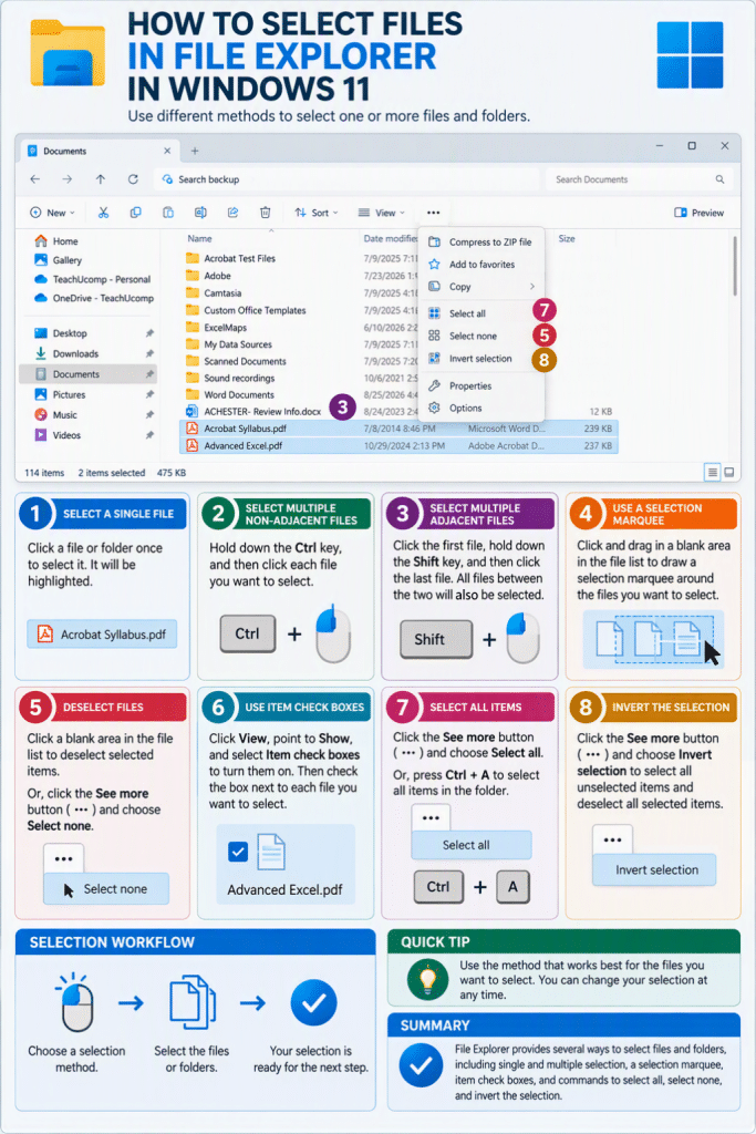 An infographic showing how to select files in File Explorer in Windows 11.