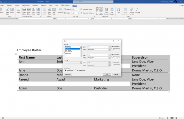 Sort a Table in Word - Instructions: A picture of a user sorting a table in Word.