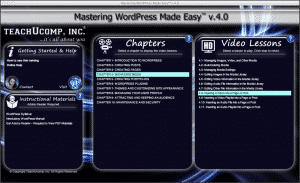 A picture of the WordPress tutorial interface for "Mastering WordPress Made Easy v.4.0."
