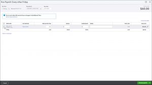 A picture showing how to run a scheduled payroll in QuickBooks Online for selected employees.