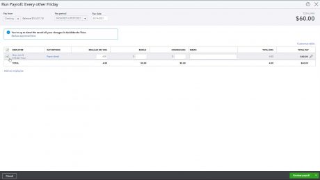A picture showing how to run a scheduled payroll in QuickBooks Online for selected employees.