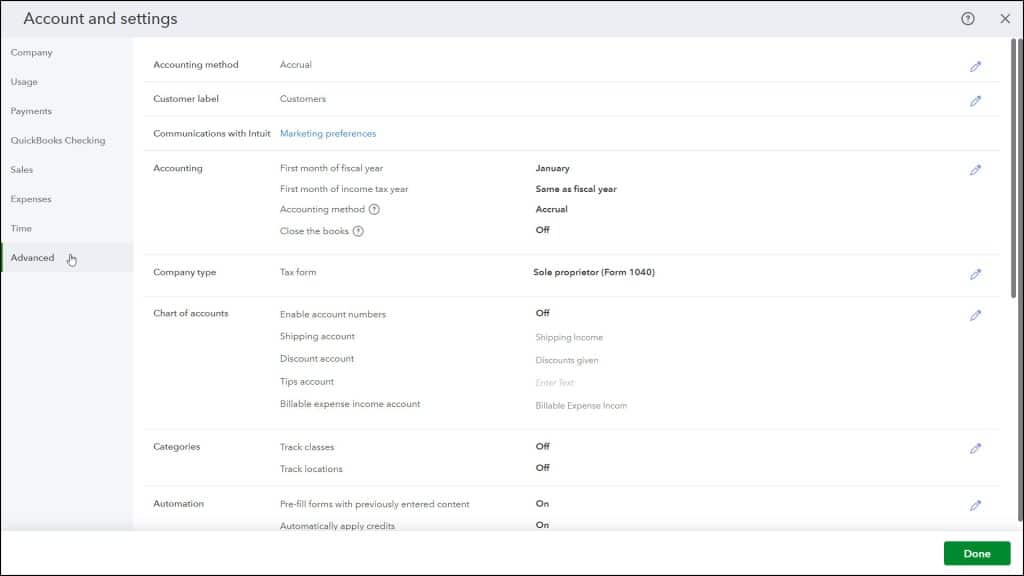 A picture showing some of the Advanced settings in QuickBooks Online.