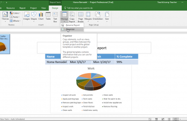 Manage Reports in Microsoft Project - Instructions: A picture of the drop-down menu that appears when you click the “Manage” button in the “Report” button group on the “Design” tab of the “Report Tools” contextual tab in the Ribbon of Microsoft Project.