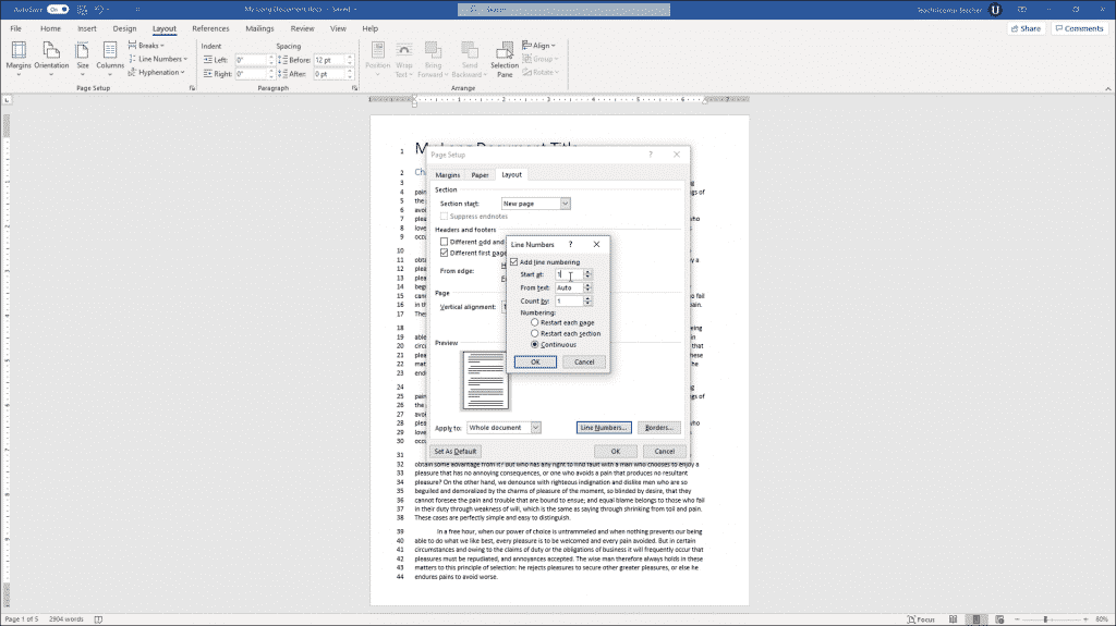 Add Line Numbers in Word - Instructions: A picture of the “Line Numbers” dialog box in Word.