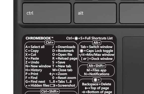 chromebook-keyboard-shortcuts-sticker-black-small A picture of the Chromebook Keyboard Shortcuts sticker affixed to a laptop.