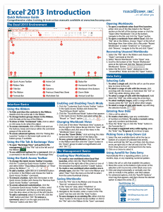 A picture of the Excel training supplement "Microsoft Excel 2013 Introductory Quick Reference Card."