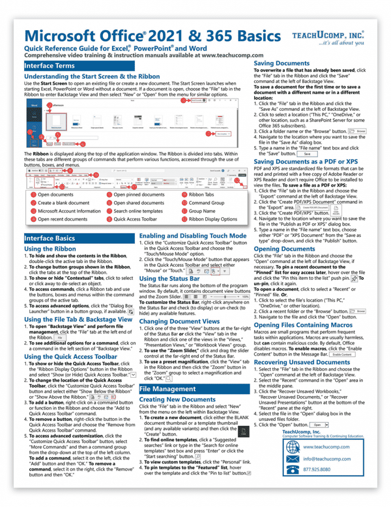 A picture of the first page of our two-page laminated Microsoft Office cheat sheet.