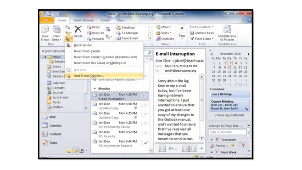 jak blokować wiadomości spamowe w Outlook on life 2010