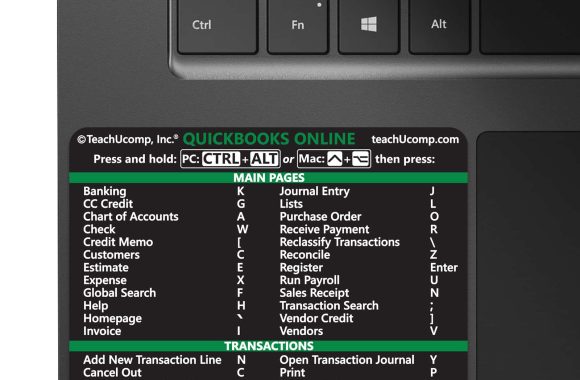 quickbooks-online-keyboard-shortcuts-sticker-black-large A picture of the large sized QuickBooks Online Keyboard Shortcuts sticker affixed to a black laptop.
