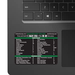 A picture of the small sized QuickBooks Online Keyboard Shortcuts sticker affixed to a black laptop.