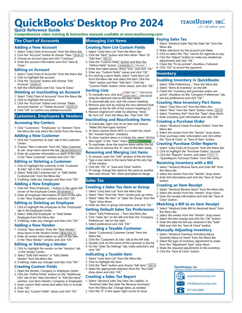 A picture of the first page of our QuickBooks Desktop Pro cheat sheet for QuickBooks Desktop Pro 2024.